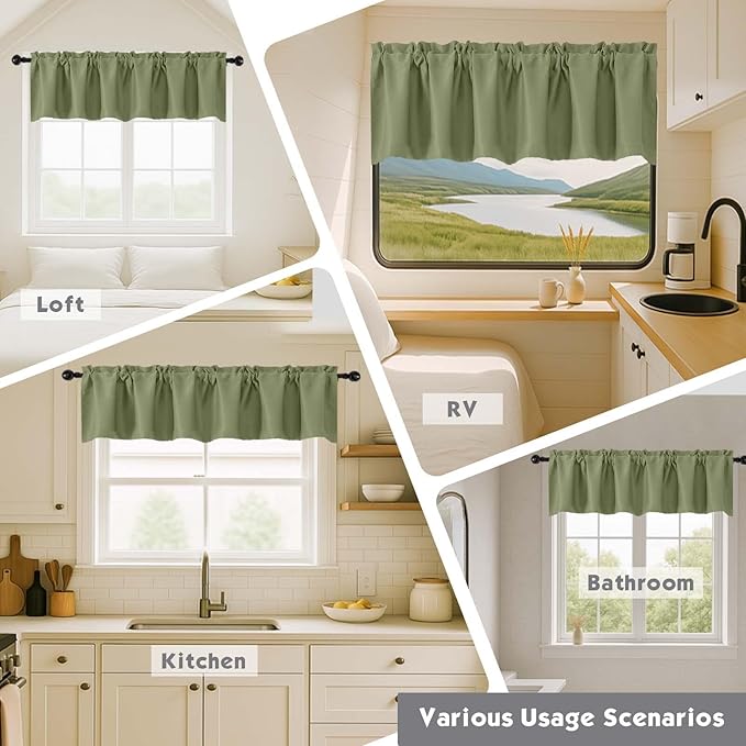 Chyhomenyc Blackout Valances for Windows, Short Window Valance Curtains for Living Room Bedroom Bathroom, Room Darkening Solid Privacy Small Kitchen Valances, 60Wx16L, 2 Pack, Sage Green