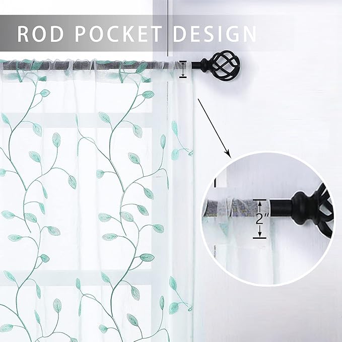MRTREES Sheer Christmas Curtain Valance, Leaves Embroidered Small Valances Curtains Rod Pocket, Short Window Treatment Panels for Living Room Bedroom Kitchen(1 Panel, 54x16 Inches, Aqua Blue Leaves)