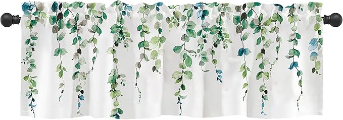 Watercolor Green Leaves Window Valance for Bedroom Living Room, Spring Summer Leaf Vine Plant Curtains Valanes for Windows, 3" Rod Pocket Window Treatment for Home Decorations, 54 x 18 Inch, 1 Pcs