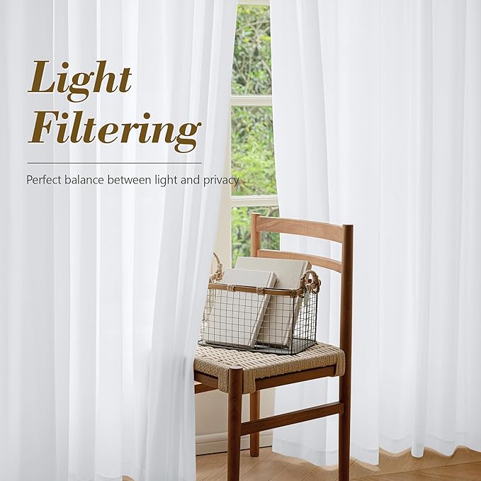FMFUNCTEX Sheer Non-See-Through White Curtains for Bedroom, Faux Silk that Let Light Curtains 90 inches Long Light Filtering Privacy Sheer Window Drapes for Living Room, Rod Pocket 2 Panels Set
