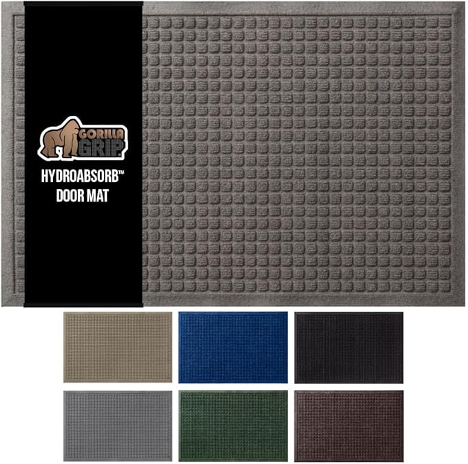 GORILLA GRIP® Ultra Absorbent Front Door Mat Outside Entrance, 35x23, Traps Dirt and Moisture, HydroABSORB Indoor Outdoor Doormat Holds 5.7 Cups Water, Stain and Fade Resistant Welcome Mat, Charcoal
