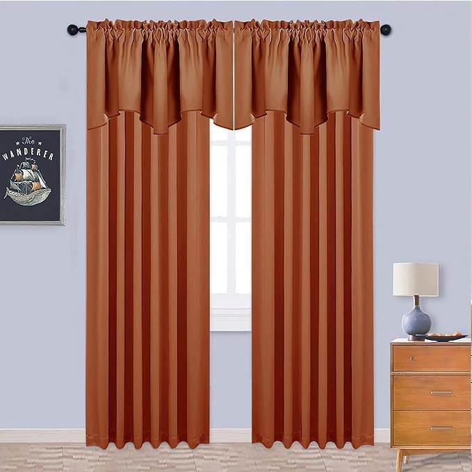 NICETOWN Farmhouse Valance for Kitchen Window - 42 inches by 18 inches Thermal Insulated Scalloped Rod Pocket Kitchen Curtain Tiers Drapery Panel for Home Decor, Burnt Orange, 1 Panel