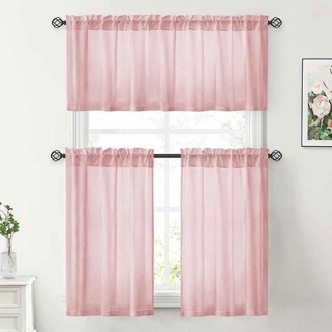HOMEIDEAS Non-See-Through Light Pink Privacy Sheer Curtains, 30 X 36 Inches Long 2 Panels Sheer Curtains Light Filtering Window Drapes for Bedroom Living Room