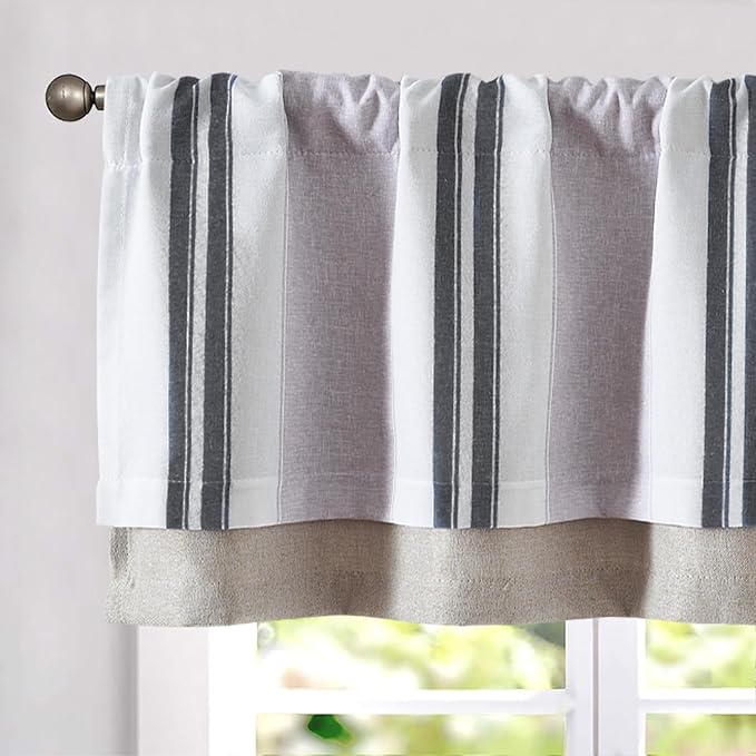 jinchan Striped Linen Curtain 18 Inch Window Treatment for Living Room Small Window Double Layer Blackout Black and Grey Pinstripe Valance Rod Pocket 1 Panel