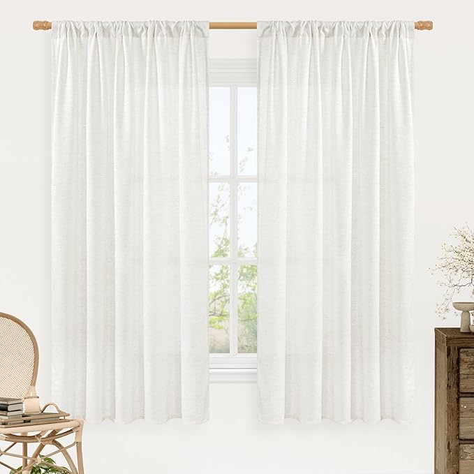 LAMIT Light Filtering 63 inch Length Linen Curtains, Soft Linen Textured Rod Pocket Neutral Boho Drapes Window Treatment Panels for Living Room/Bedroom, 2 Panels Set, 52 x 63 Inch, Ivory White