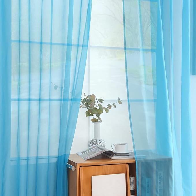 youleyar Solid Sheer Rod Pocket Curtain Voile Draperies 2 Panels White Beige Black Grey Coffee 52 Inch Width 108 Inch Long 1 Pair for Kitchen Bedroom Children Living Room Yard (Cyan Blue,52Wｘ108L)
