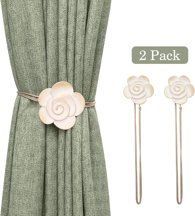 Lewondr Magnetic Curtain Tiebacks, Vintage Curtain Holdback, Resin Flower Curtain Ties with Rope Drapery Retro Window Curtain Decorative Buckle Holder for Outdoor, Home Office, and Cafe Balcony, Beige