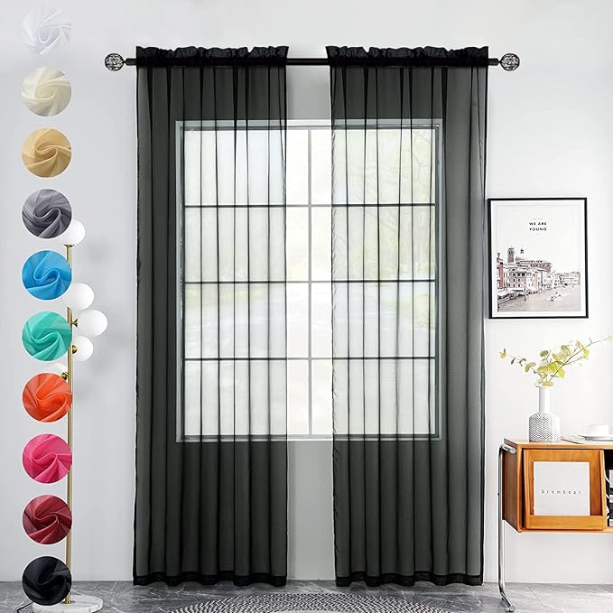 youleyar Solid Sheer Rod Pocket Curtain Voile Draperies 2 Panels White Beige Black Grey Coffee 52 Inch Width 84 Inch Long 1 Pair for Kitchen Bedroom Children Living Room Yard(Black,52Wｘ84L)