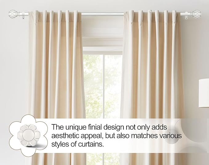 KAMANINA White Curtain Rods for Windows 72 to 144 Inches (6-12ft) Long Heavy Duty Curtain Rod, 7/8 Inch Adjustable Drapery Rods with Decorative Netted Texture Finials