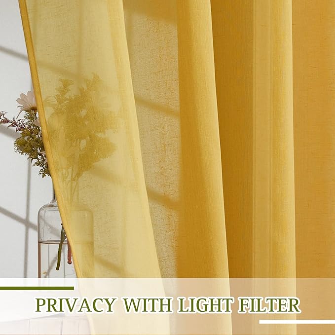 NICETOWN Semi Sheer Curtains Flax Linen Texture, Grommet Retro Window Treatment Linen Weave Vertical Drapes Privacy with Light Filter for Living Room, Citrine, 2 Panels, W52 x L84