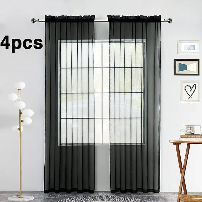 SpaceDresser Black Sheer Curtains 4 Panels Rod Pocket Semi-Sheer Curtain 54 Inches Long Light Filtering Voile Window Drapes for Bedroom Living Room Kitchen, Each 52W x54L