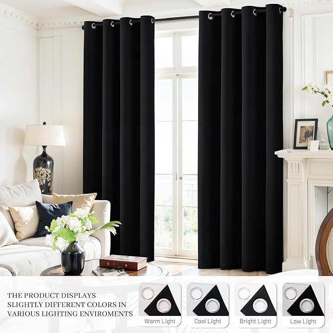 Yakamok 100% Blackout Curtains Black Room Darkening Thermal Insulated Window Curtain with 2 Thick Layers-Set of 2 Panels Grommet Top Drapes for Bedroom Living Room 52 Inches by 72 Inches Length