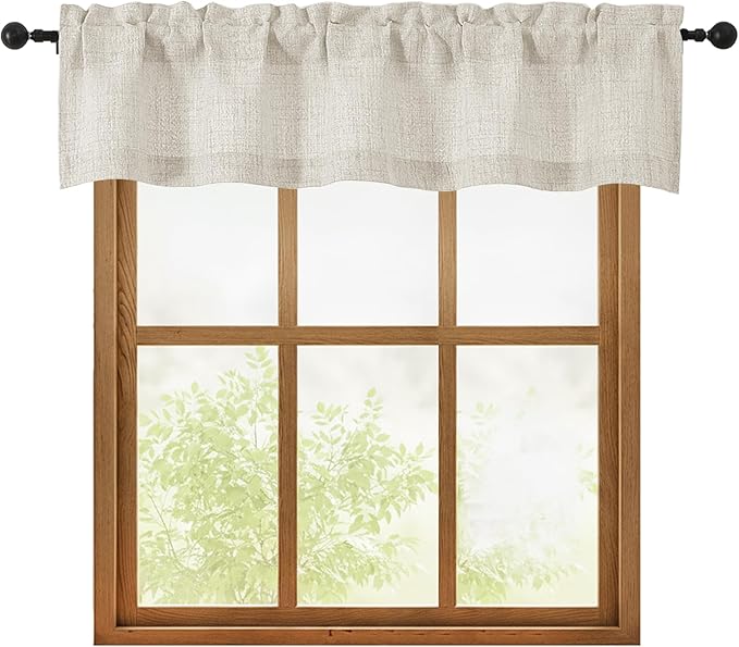 OWENIE Natural Valances for Windows 1 Pcs, Light Filtering Textured Farmhouse Short Small Valance Curtains for Bathroom Basement Living Room Bedroom, Rod Pocket Half Curtains for Windows, 52Wx12L Inch
