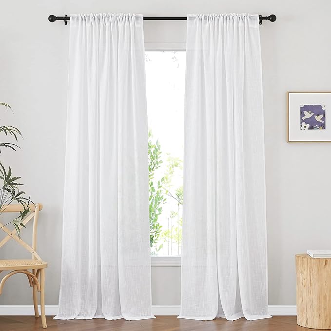 NICETOWN White Sheer Linen Curtains for Living Room, Rod Pocket & Back Tab Sweep to Floor Window Treatments Semi Sheer Drapes Privacy for Patio Door/Hall, 2 Panels, W52 x L95
