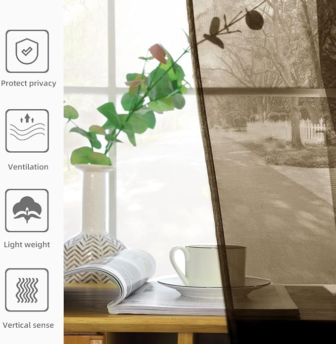 youleyar Solid Sheer Rod Pocket Curtain Voile Draperies 2 Panels White Beige Black Grey Coffee 52 Inch Width 72 Inch Long 1 Pair for Kitchen Bedroom Children Living Room Yard(Coffee,52Wｘ72L)