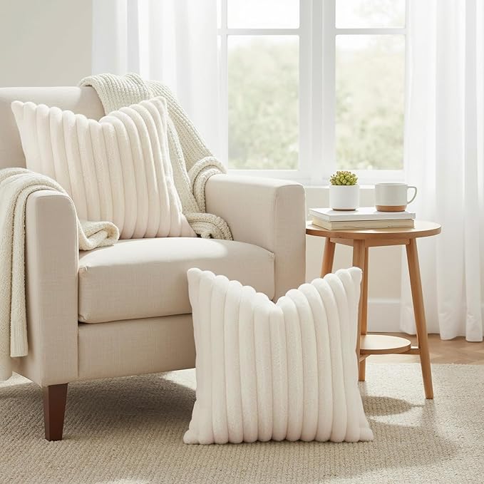 decorUhome Summer Cozy Faux Fur Throw Pillow Covers 18x18 Set of 2 Decorative Soft Plush Striped Modern Farmhouse Boho Couch Pillow Cases with Velvet Back for Sofa Bed Living Room, Cream White
