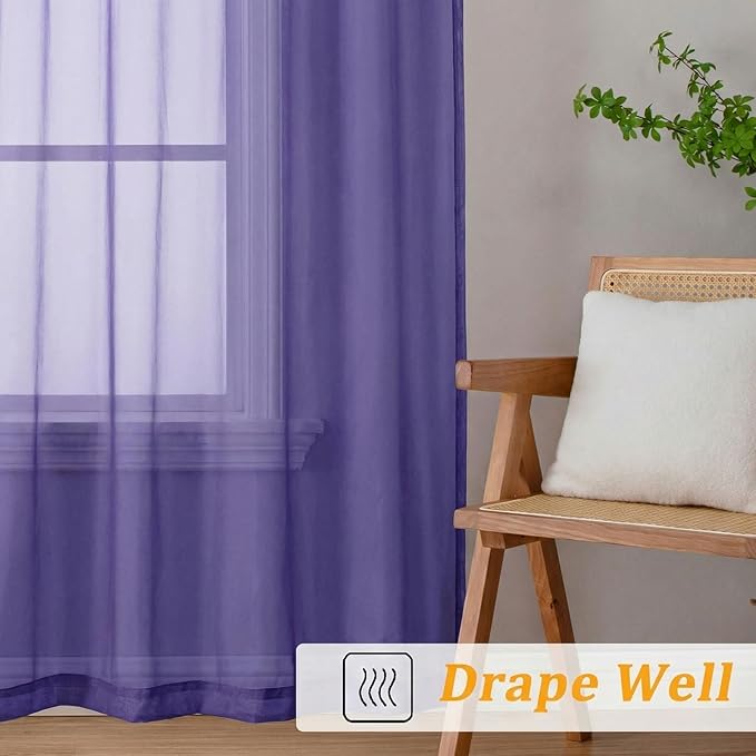 Gwine Sheer Curtains 84 Inches Long - Light Filtering Rod Pocket Window Curtain Panels for Bedroom, Elegant Soft Voile Living Room Sheer Drapes, Each 42Wx84L, 2 Panels, Purple