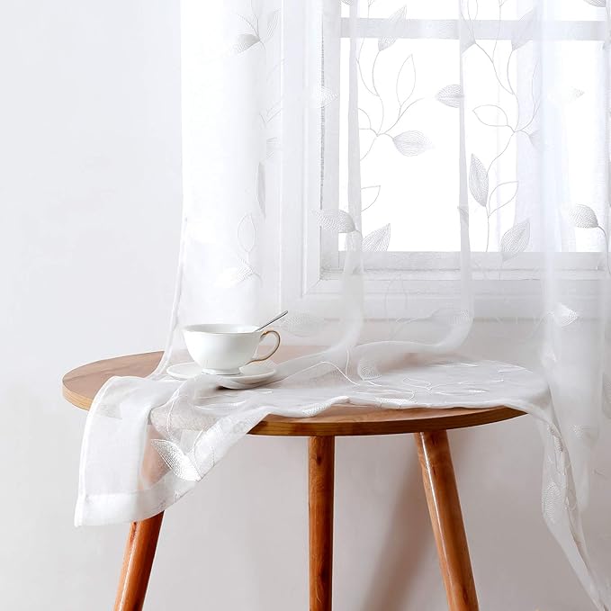 HOMEIDEAS White Sheer Kitchen Curtains 52 x 54 Inch Length 2 Panels Embroidered Leaf Pattern Short Curtains for Bedroom Half Small Window Rod Pocket Tiers