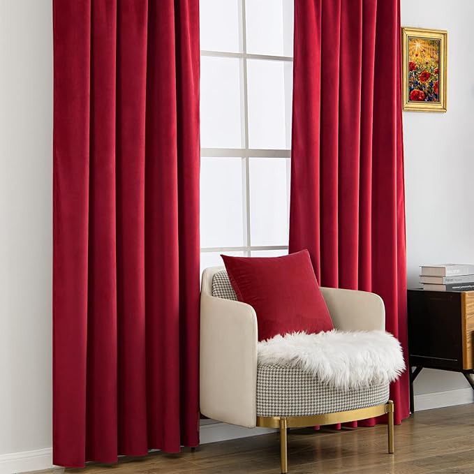 MIULEE Velvet Curtains Luxury Blackout Curtains for Bedroom Living Room Thermal Insulated Super Soft Window Drapes Rod Pocket & Back Tab Christmas Decor, Red, W52 x L72 inches, 2 Panels