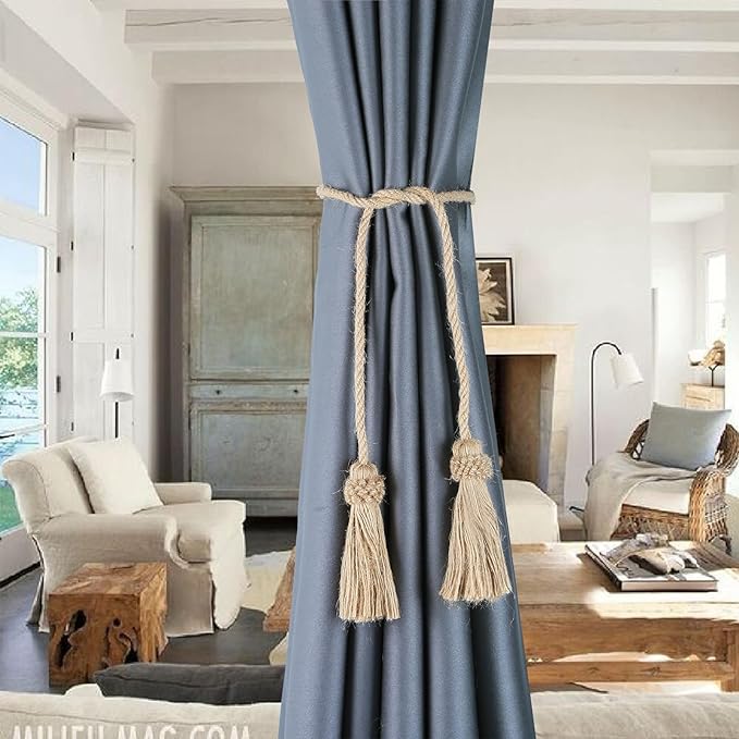Fenghuangwu Curtain Tiebacks Handmade Decorative Curtain Holdbacks Rope with Tassel (Jute, 2P)