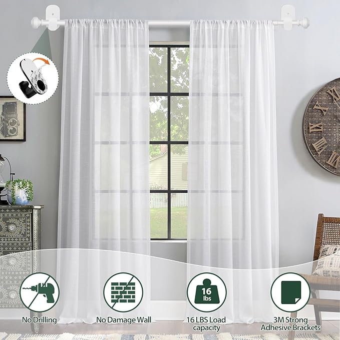 KAMANINA Curtain Rods No Drilling for Windows 16 to 30 Inches, 5/8 Inch Small Curtain Rod for Door Screwless with Adhesive Brackets without Drilling, White
