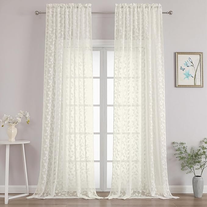 Chyhomenyc Extra Long Ivory Sheer Curtains 120 Inch Length 2 Panels Set, Light Filtering Tufted Textured Soft Airy Rod Pocket Gentle Leaf Window Treatment Drapes for Living Room, 52" Wx120 L, 2PCS