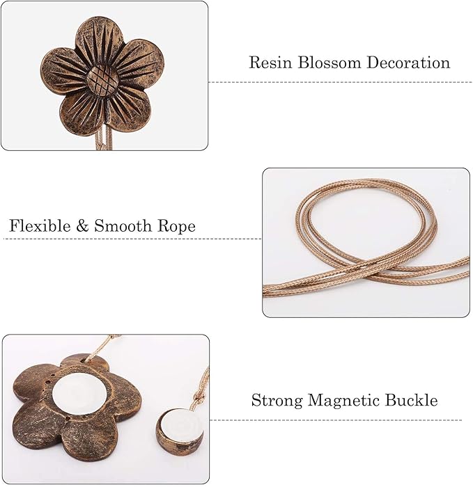 Lewondr Curtain tie Magnetic, 4 Pieces Vintage Resin Flower Curtain Drapery Holdback Window Curtain Decorative Buckle Holder for Home Cafe Balcony - Coffee