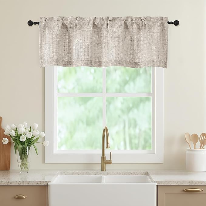 Valances for Windows, Light Filtering Faux Linen Textured Small Short Valance Curtains for Bathroom Basement Farmhouse, Rod Pocket Top Half Curtains for Windows, Linen 52Wx16L Inch