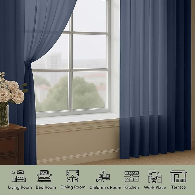 OWENIE Sheer Navy Blue Curtains, Sheer Curtains 63 inch Length 2 Panels Set, Rod Pocket Voile Fimly Sheer Drapes for Living Room Bedroom, 2pcs, Navy Blue, Each 59" W x 63" L