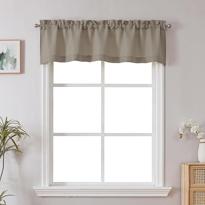 Chyhomenyc Stone Beige Valance for Windows, Light Filtering Faux Linen Solid Short Curtain Valance, Burlap Decorative Small Curtain for Kitchen Bathroom Laundry Basement, 60Wx12L inch, 1 Piece