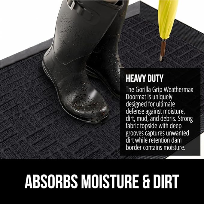 GORILLA GRIP 100% Waterproof All-Season WeatherMAX Doormat US Designed Natural Rubber, Stain and Fade Resistant, Low Profile Indoor Outdoor Door Mats, Easy Clean Patio Mat, 29x17, Black Maze
