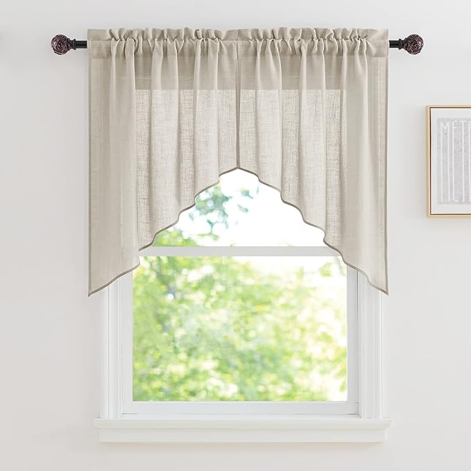 RYB HOME Window Topper Curtains - Linen Textured Semi Sheer Curtains Privacy Rod Pocket Curtain Valances Tiers Set Light Filter for Bedroom Cafe Kitchen, Angora, 36 x 36 inch, 1 Pair