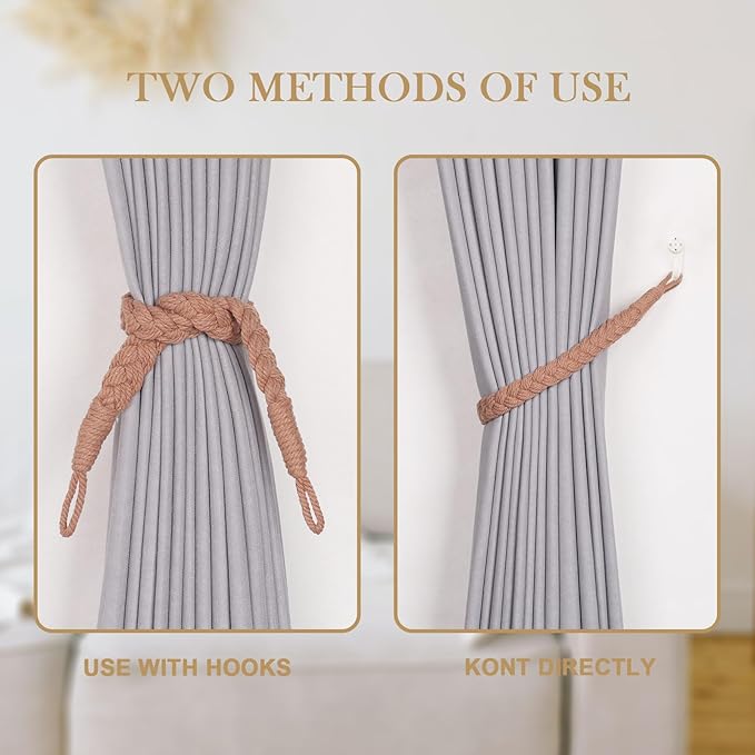 NICEEC 2 Pack Natural Cotton Rope Curtain Tiebacks Elegant Boho Style Decorative Drape Tie Backs Soft Hand-Woven Rope Curtain Holdbacks with Metal Hook for Home & Office Drapery (Reddish Brown)