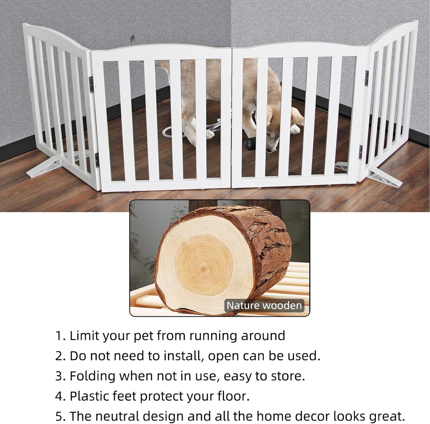 ZJSF Foldable Freestanding Indoor Dog Gate for House Wood White Long Pet Gates Dog Fence for Stairs Puppy Gates for Hallways,Pet Fence, Puppy Gate,Support Feet Included 24 "Height-3 Panels
