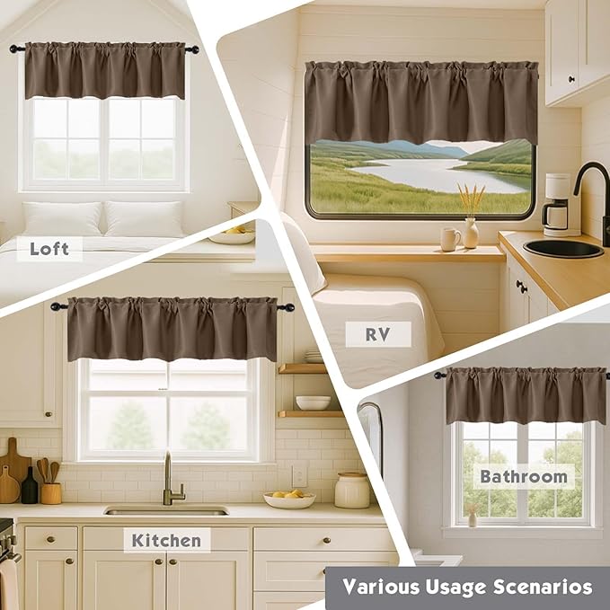 Chyhomenyc Brown Valances for Window, Room Darkening Short Curtains for Kitchen Bedroom Living Room, Rod Pocket Top Small Window Treatment Valance RV Bunk Panels, 60Wx14L, 2 Pieces