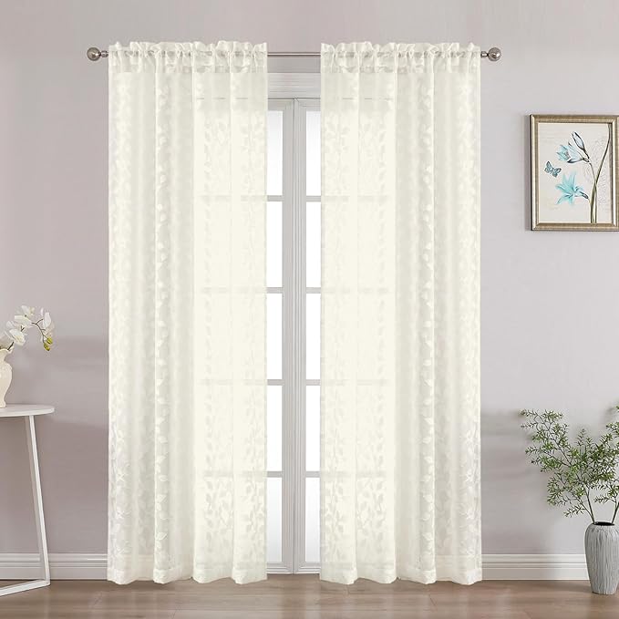 Chyhomenyc Ivory Sheer Curtains 72 Inches Long 2 Panels Set, Light Filtering Tufted Textured Soft Airy Rod Pocket Elegant Leaf Window Treatment Drapes for Bedroom Living Room, 42" Wx72 L, 2PCS