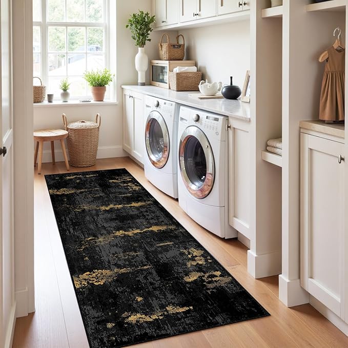 Washable Area Rugs 2'x10' Non-Slip Modern Abstract Soft for Living Room Entryway Bedroom Nursery, Print Pattern, Dark Black Gold