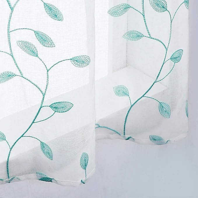 MRTREES Sheer Christmas Curtain Valance, Leaves Embroidered Small Valances Curtains Rod Pocket, Short Window Treatment Panels for Living Room Bedroom Kitchen(1 Panel, 54x16 Inches, Aqua Blue Leaves)