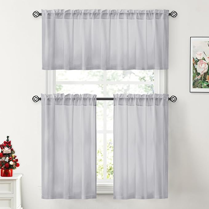 HOMEIDEAS Non-See-Through Light Grey Privacy Sheer Kitchen Curtains, 30 X 24 Inches Long 2 Panels Sheer Curtains Light Filtering Bathroom Window Drapes for Bedroom Living Room