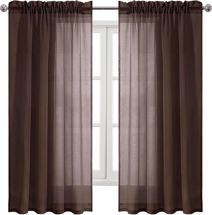 DWCN Brown Sheer Curtains Semi Transparent Voile Rod Pocket Curtains for Bedroom and Living Room, 52 x 63 inches Long, Set of 2 Panels
