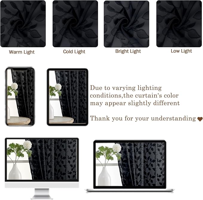 Chyhomenyc Black Sheer Curtains 84 Inch Length 2 Panels Set, Light Filtering Tufted Textured Soft Airy Rod Pocket Gentle Leaf Window Treatment Drapes for Bedroom Living Room, 42" Wx84 L, 2PCS