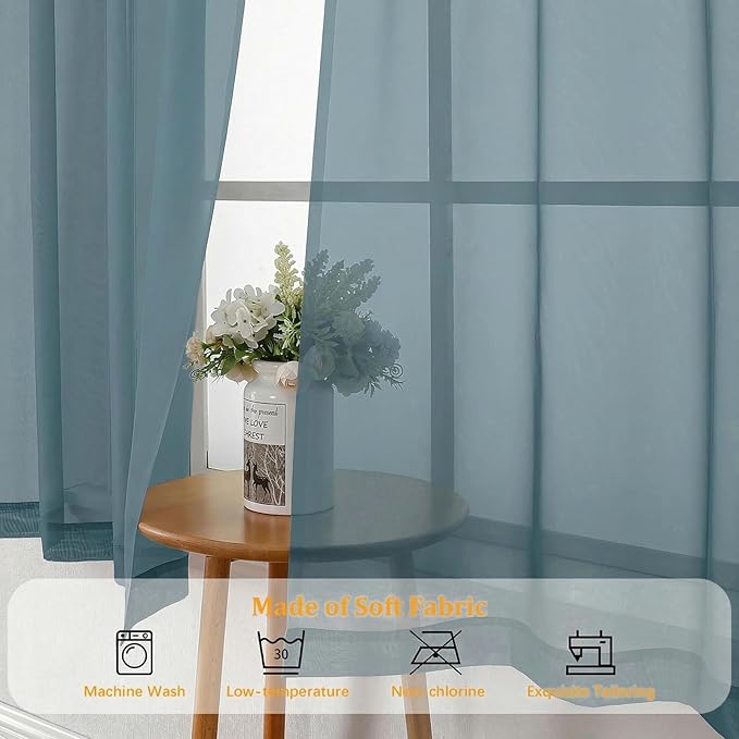 Gwine Short Kitchen Sheer Curtains 36 Inch Length - Light Filtering Voile Small Half Window Curtain for Basement, Rod Pocket Cafe Curtains for Bathroom Cabinet, 42Wx36L Inch, 2 Panels, Dusty Blue