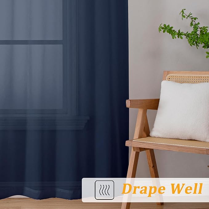 Gwine Navy Blue Sheer Curtains 84 Inches Long 2 Panels Set for Living Room, Rod Pocket Voile Bedroom Curtains, Light Filtering Solid Window Sheer Panels, Each 42" Wx84 L