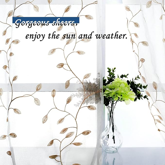 MRTREES Voile Sheer Curtain Valances, Leaves Embroidered Valance Curtains Rod Pocket, Small Sheer Window Curtain Treatment for Bedroom/Living Room/Kitchen/Basement(1 Panel, 54x16 Inches, Taupe Leaves)