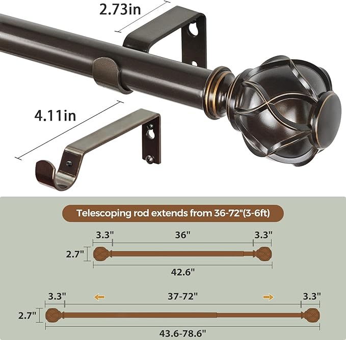 KAMANINA 1 Inch Curtain Rod Telescoping Single Drapery Rod 36 to 72 Inches (3-6 Feet), Antique Bronze Curtain Rods for Windows 24 to 68 Inches, Netted Texture Finials