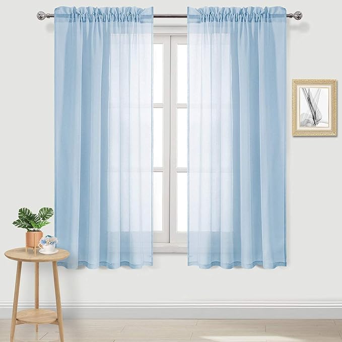 DWCN Sky Blue Sheer Curtains Semi Transparent Voile Rod Pocket Curtains for Bedroom and Living Room, 42 x 63 inches Long, Set of 2 Panels