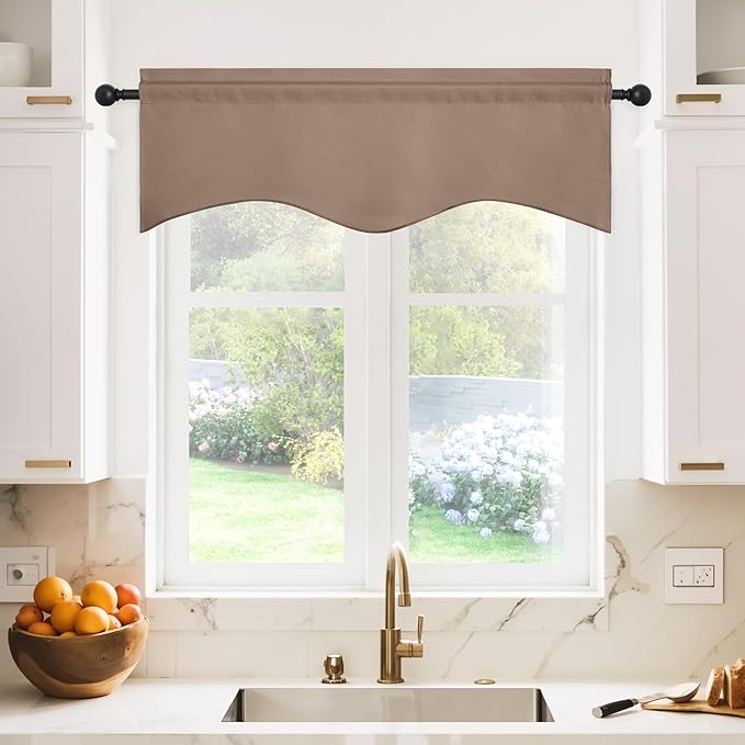 NICETOWN Kitchen Blackout Valances for Windows, Farmhouse Style Rod Pocket Thermal Insulated Window Covering Solid Short Curtain for Small Window Bedroom, 42 x 18 Inches 1 Pair, Cappuccino
