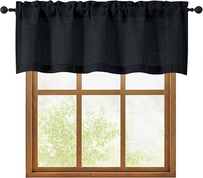 OWENIE Black Valances for Windows 1 Pcs 18 Inch Length, Light Filtering Textured Short Small Valance Curtains for Bathroom Basement Living Room Bedroom, Half Window Curtains Over Sink, 52" Wx18 L