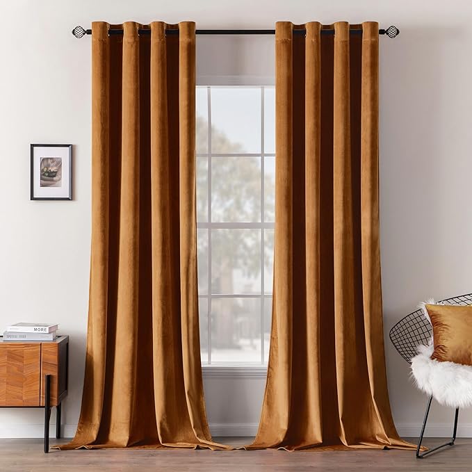 MIULEE Velvet Curtains Gold Brown Elegant Grommet Curtains Thermal Insulated Soundproof Room Darkening Curtains/Drapes for Fall Living Room Bedroom Decor 52 x 90 Inch Set of 2, Pumpkin Brown