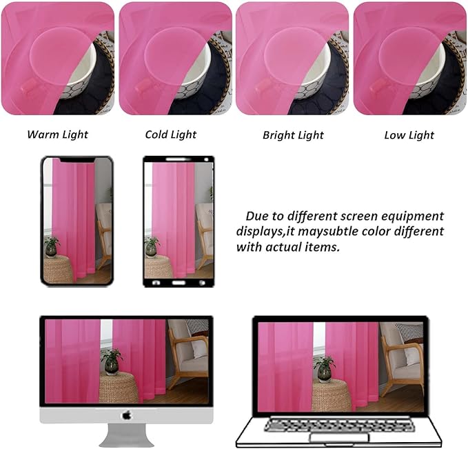 Chyhomenyc Sheer Curtains 36 inch Length 2 Panels Set, Light Filtering Voile Rod Pocket Short Window Curtians for Bathroom Living Room Farmhouse Small Windows, Each 42Wx36L in, 2PCS, Hot Pink
